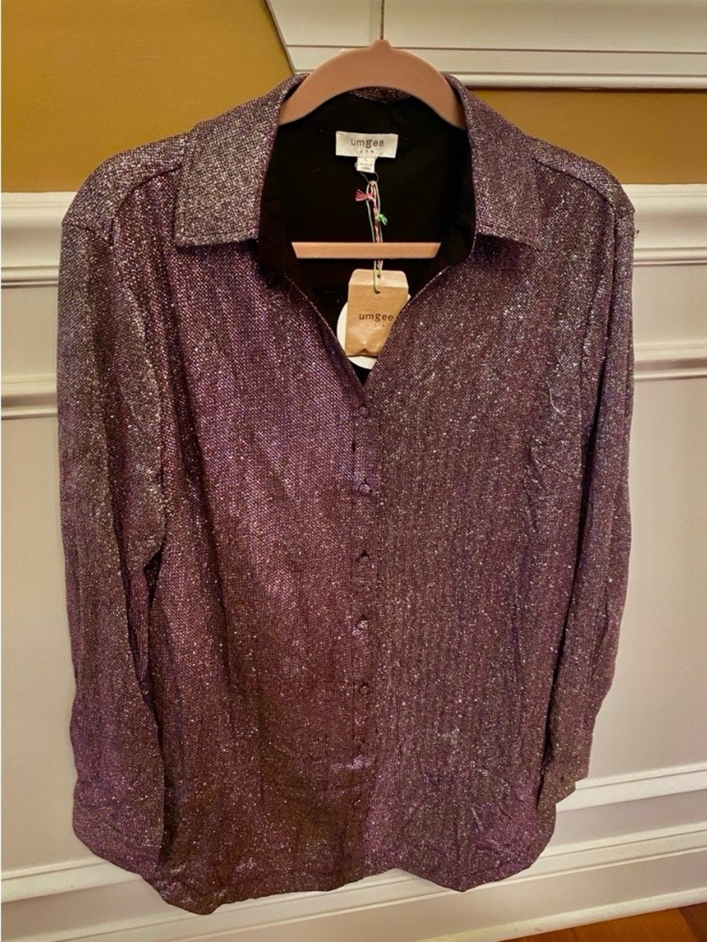 Umgee NWT Shimmery Purple & Silver Long Sleeve Button Down Shirt wPockets Sz L
